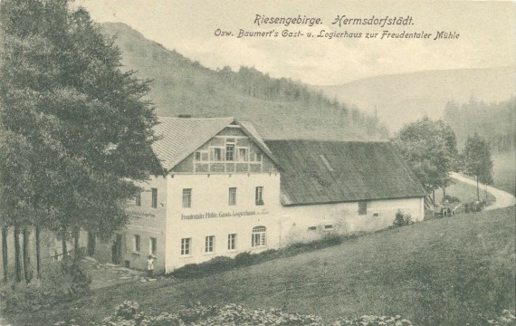 S. 088 a - Riesengebirge. Hermsdorfstädt. - Osw. Baumert's Gast- und Logierhaus zur Freudentaler Mühle